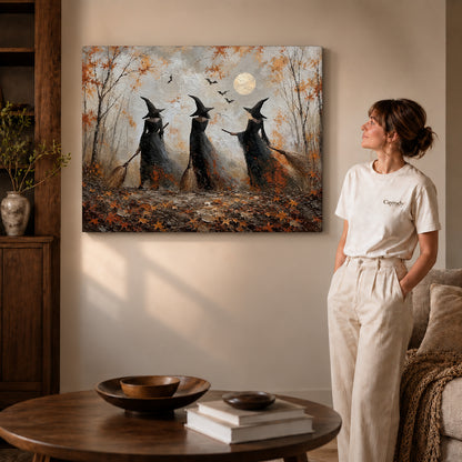 Woodland witches canvas art on gallery-wrapped canvas with visible edge depth beside a standing woman.