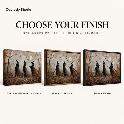 Woodland witches canvas art compared across gallery-wrapped canvas, walnut frame, and black frame finishes.
