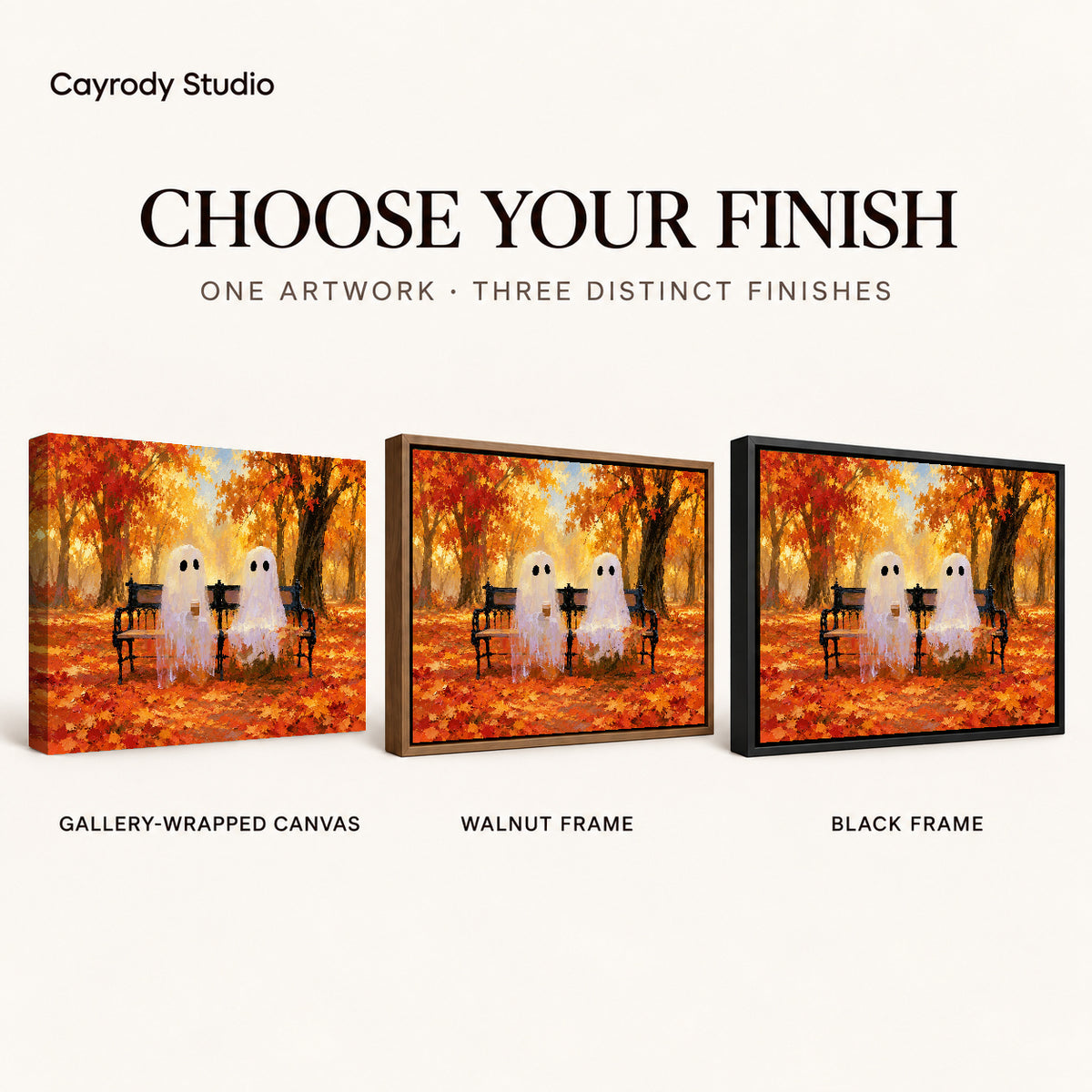 Bench ghosts canvas art compared across gallery-wrapped canvas, walnut frame, and black frame finishes.
