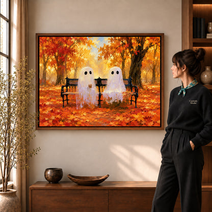 Bench ghosts canvas art shown in the walnut frame option within a warm living room.