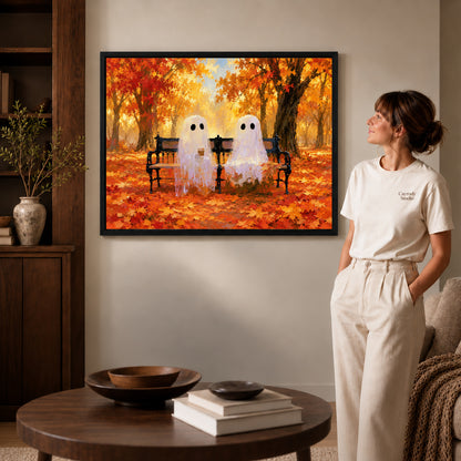 Bench ghosts canvas art shown in the black frame option against a softly lit wall.