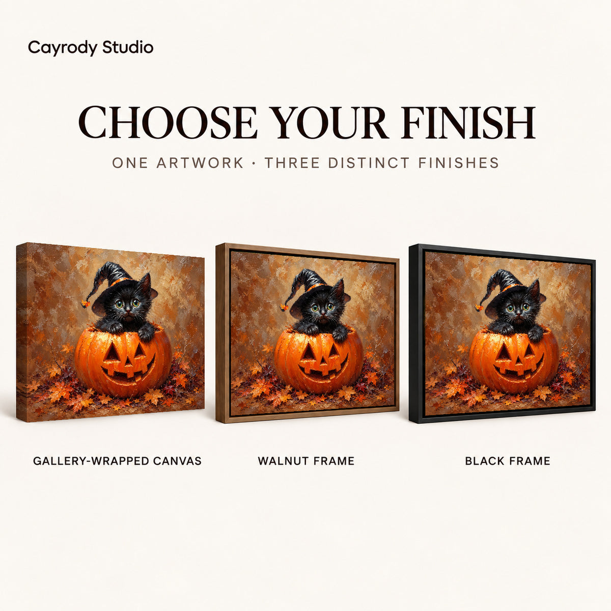 Pumpkin kitten canvas art compared across gallery-wrapped canvas, walnut frame, and black frame finishes.
