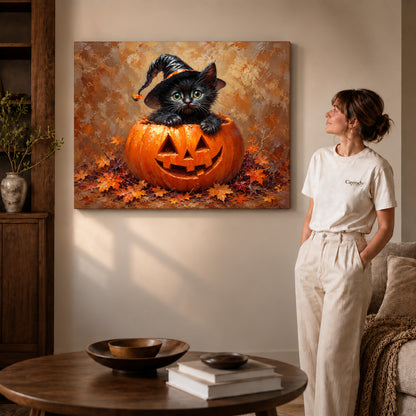 Pumpkin kitten canvas art shown in the gallery-wrapped option with visible depth and warm surroundings.