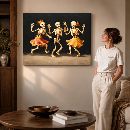 Dancing Skeletons canvas art on gallery-wrapped canvas with visible edge depth beside a standing woman.
