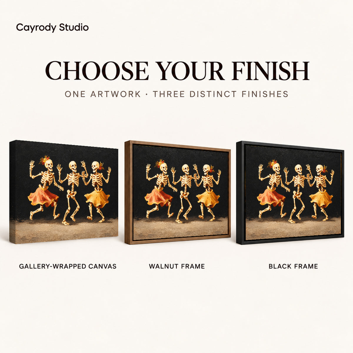 Dancing Skeletons canvas art compared across gallery-wrapped canvas, walnut frame, and black frame finishes.