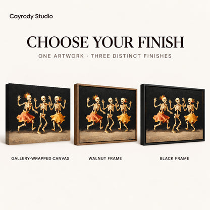 Dancing Skeletons canvas art compared across gallery-wrapped canvas, walnut frame, and black frame finishes.
