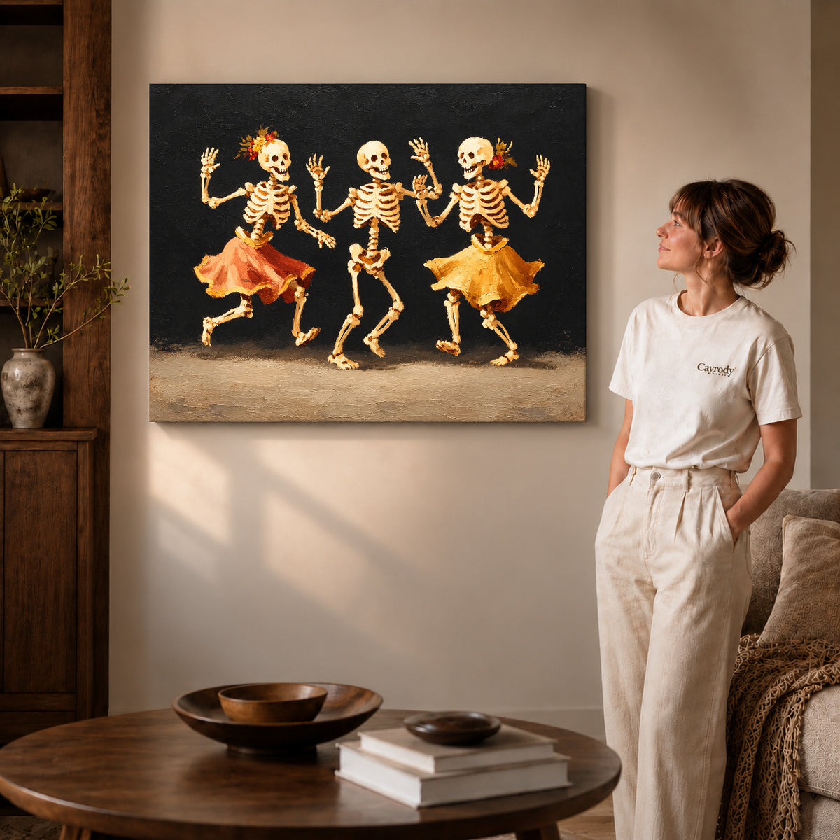 Dancing Skeletons canvas art shown in the gallery-wrapped option with natural side shading and warm surroundings.