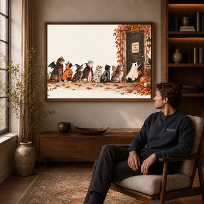 Halloween cat canvas art in a walnut frame above a console beside a seated man.