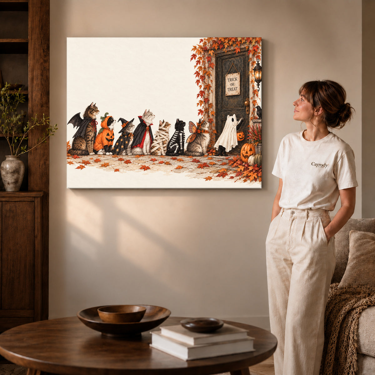 Halloween cat canvas art shown in the gallery-wrapped option with natural edge shading and living room surroundings.