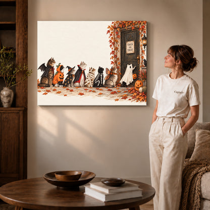 Halloween cat canvas art shown in the gallery-wrapped option with natural edge shading and living room surroundings.