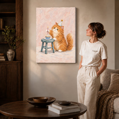 Birthday kitten canvas art on gallery-wrapped canvas with natural edge shading beside a standing woman.