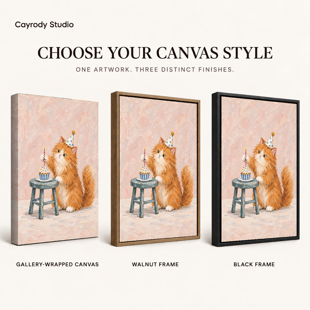 Birthday kitten canvas art compared across gallery-wrapped canvas, walnut frame, and black frame finishes.
