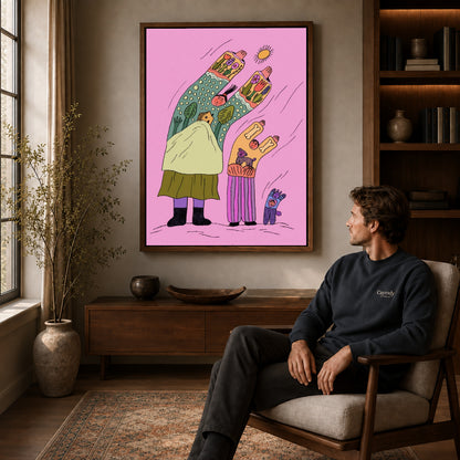 Folk family canvas art in a walnut frame above a console beside a seated man.