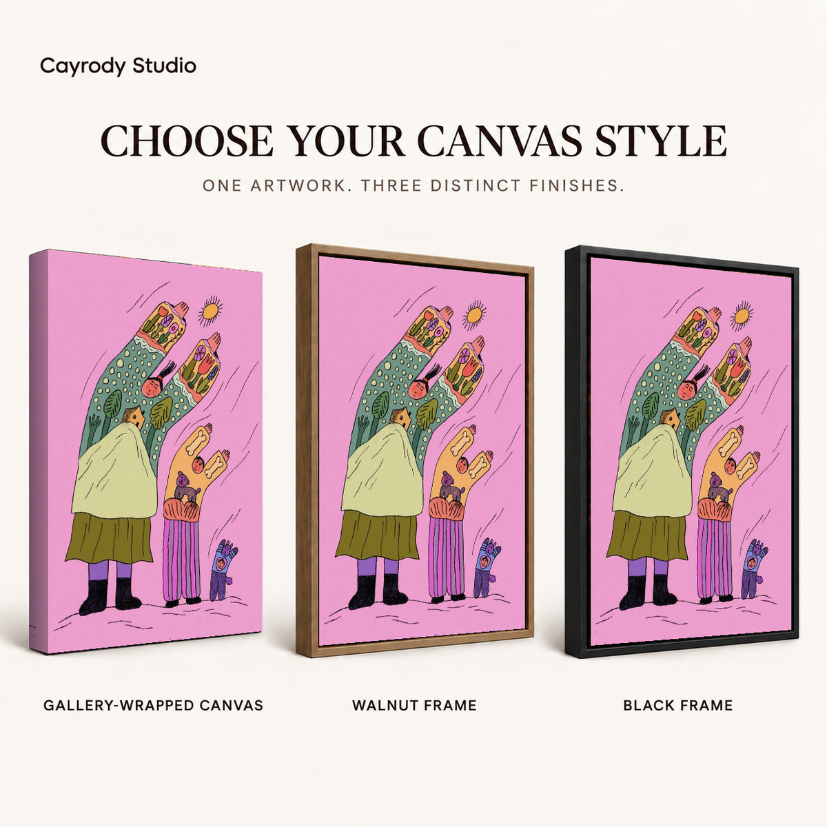 Folk family canvas art compared across gallery-wrapped canvas, walnut frame, and black frame finishes.