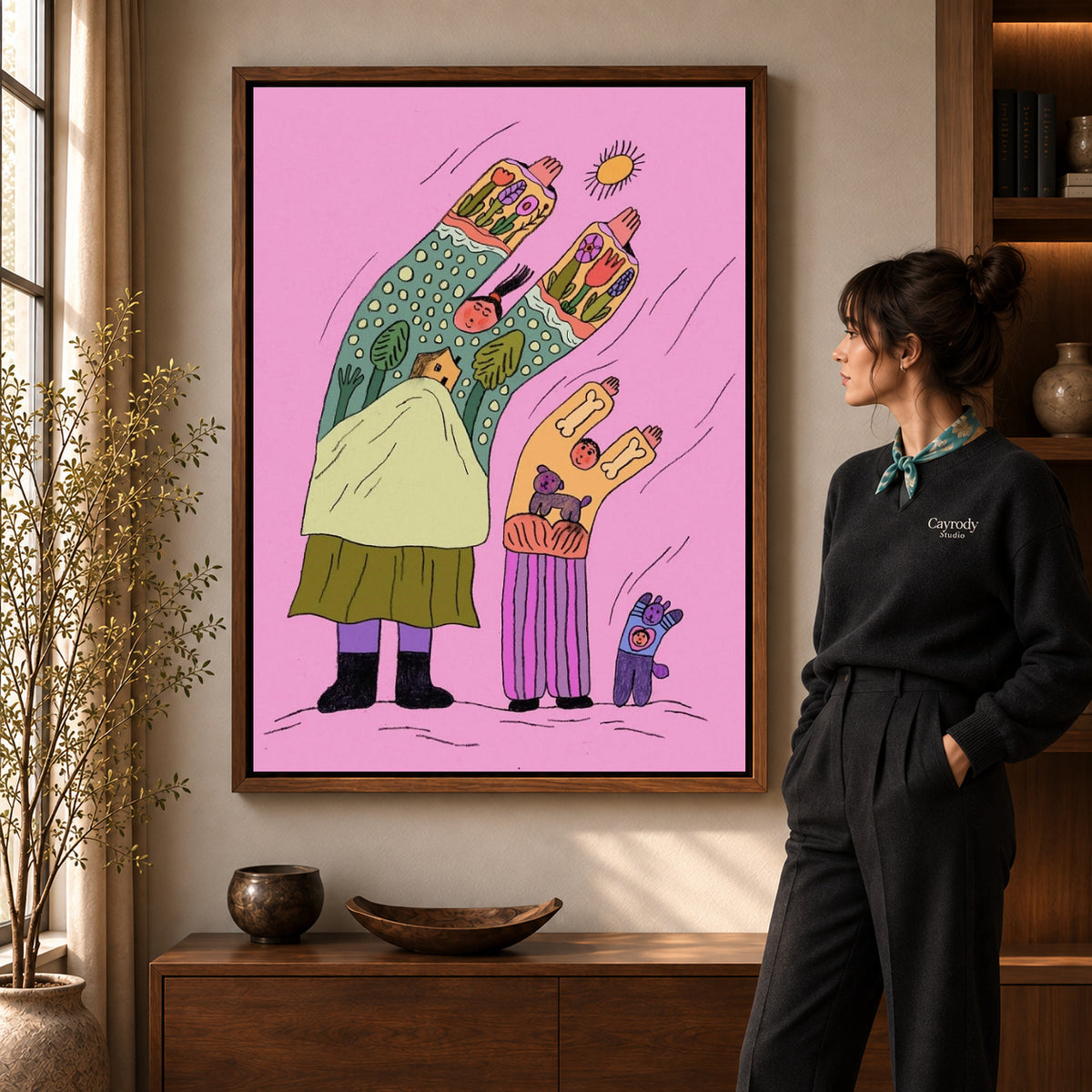 Folk family canvas art shown in the walnut frame option within a warm living room.