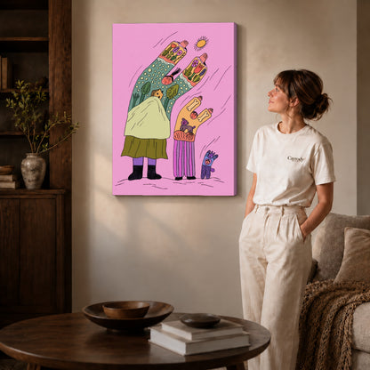 Folk family canvas art shown in the gallery-wrapped option with visible depth and warm surroundings.