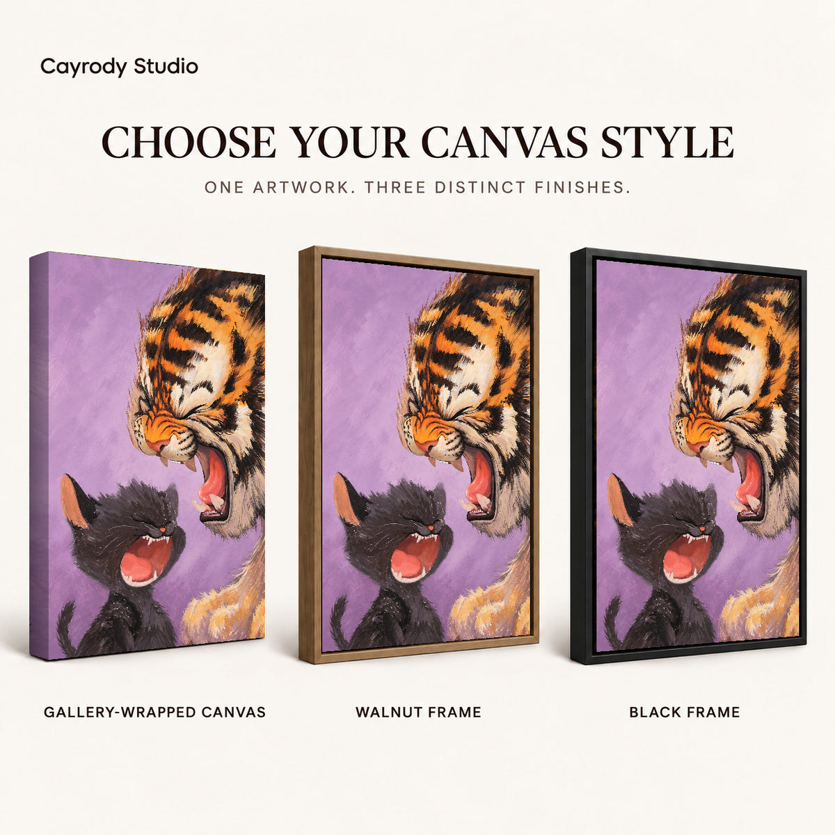 Laughing Tiger Kitten canvas art compared across gallery-wrapped canvas, walnut frame, and black frame finishes.