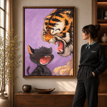 Laughing Tiger Kitten canvas art shown in the walnut frame option within a warm living room.
