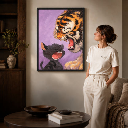 Laughing Tiger Kitten canvas art shown in the black frame option against a softly lit wall.