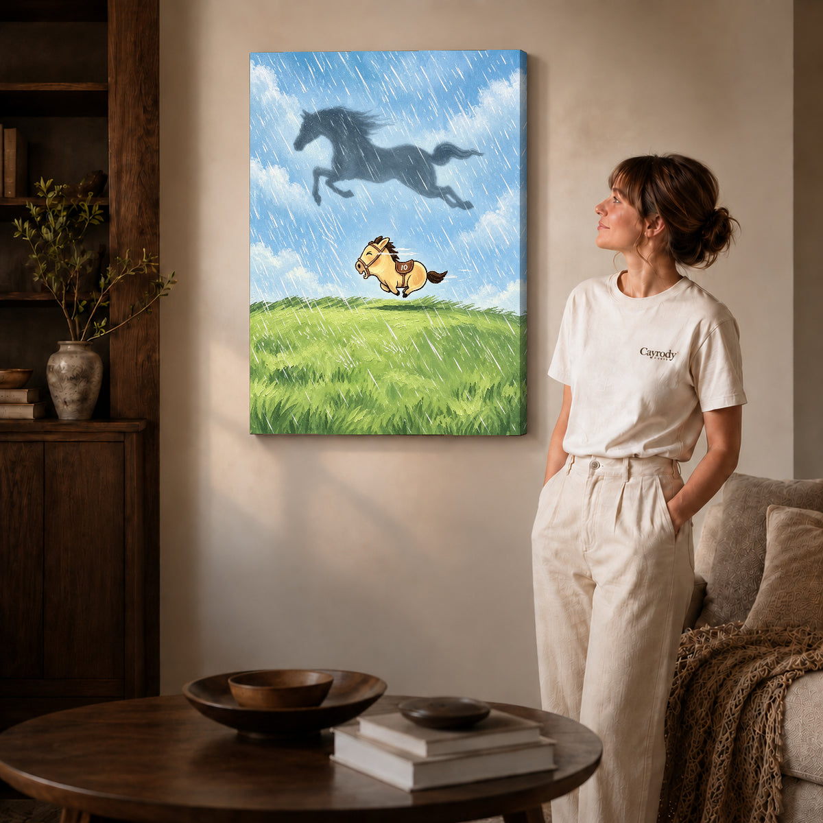 Dreaming Pony canvas art on gallery-wrapped canvas with natural edge shading beside a standing woman.
