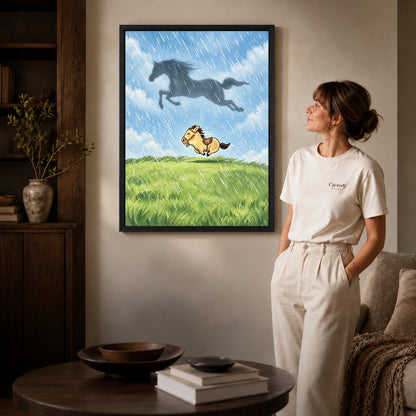 Dreaming Pony canvas art in a black frame beside a woman and round wooden table.
