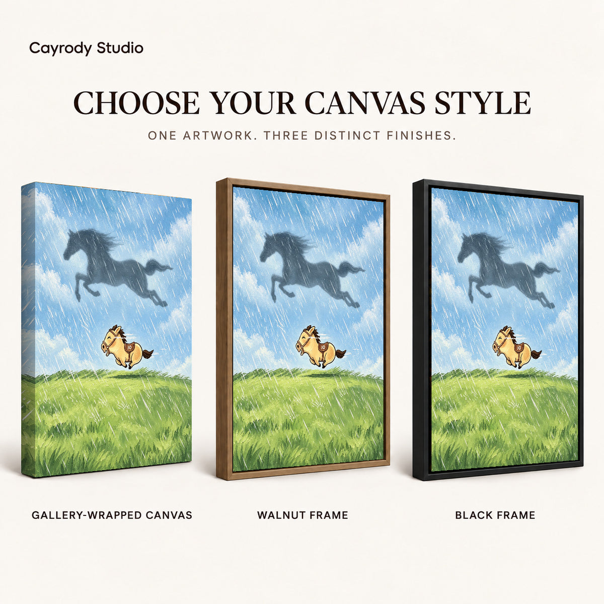 Dreaming Pony canvas art compared across gallery-wrapped canvas, walnut frame, and black frame finishes.