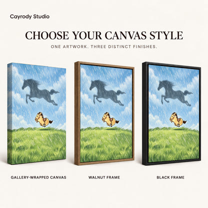 Dreaming Pony canvas art compared across gallery-wrapped canvas, walnut frame, and black frame finishes.