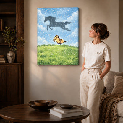 Dreaming Pony canvas art shown in the gallery-wrapped option with visible depth and warm surroundings.