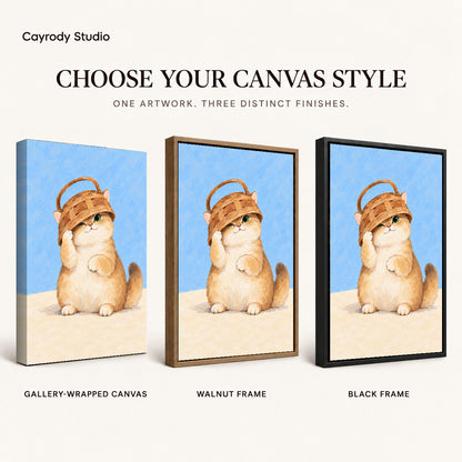 Basket kitten canvas art compared across gallery-wrapped canvas, walnut frame, and black frame finishes.
