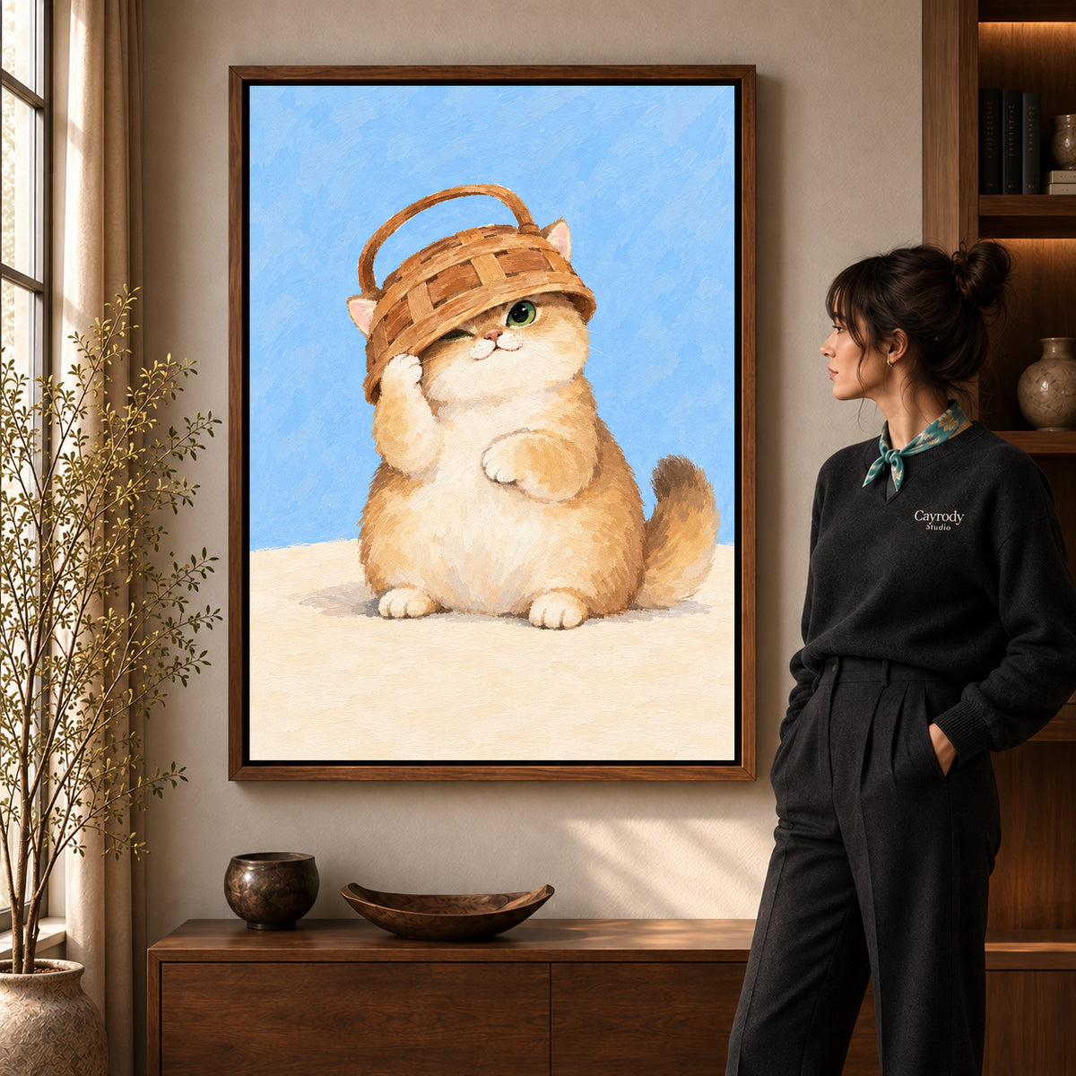 Basket kitten canvas art shown in the walnut frame option within a warm living room.