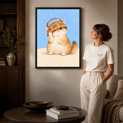 Basket kitten canvas art shown in the black frame option against a softly lit wall.