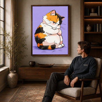 Calico cat canvas art in a walnut frame above a console beside a seated man.