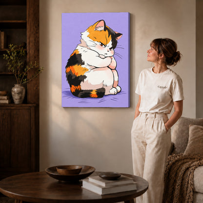 Calico cat canvas art on gallery-wrapped canvas with natural edge shading beside a standing woman.