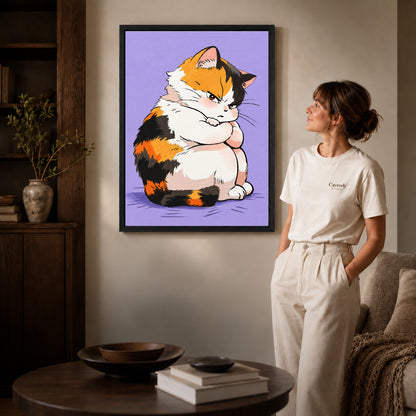 Calico cat canvas art in a black frame beside a woman and round wooden table.