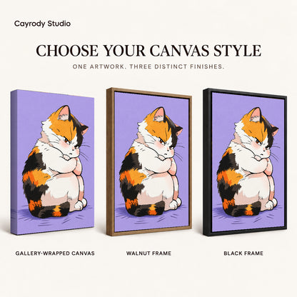 Calico cat canvas art compared across gallery-wrapped canvas, walnut frame, and black frame finishes.