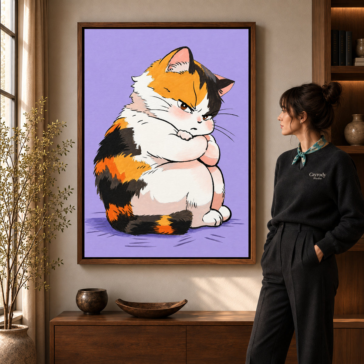 Calico cat canvas art shown in the walnut frame option within a warm living room.