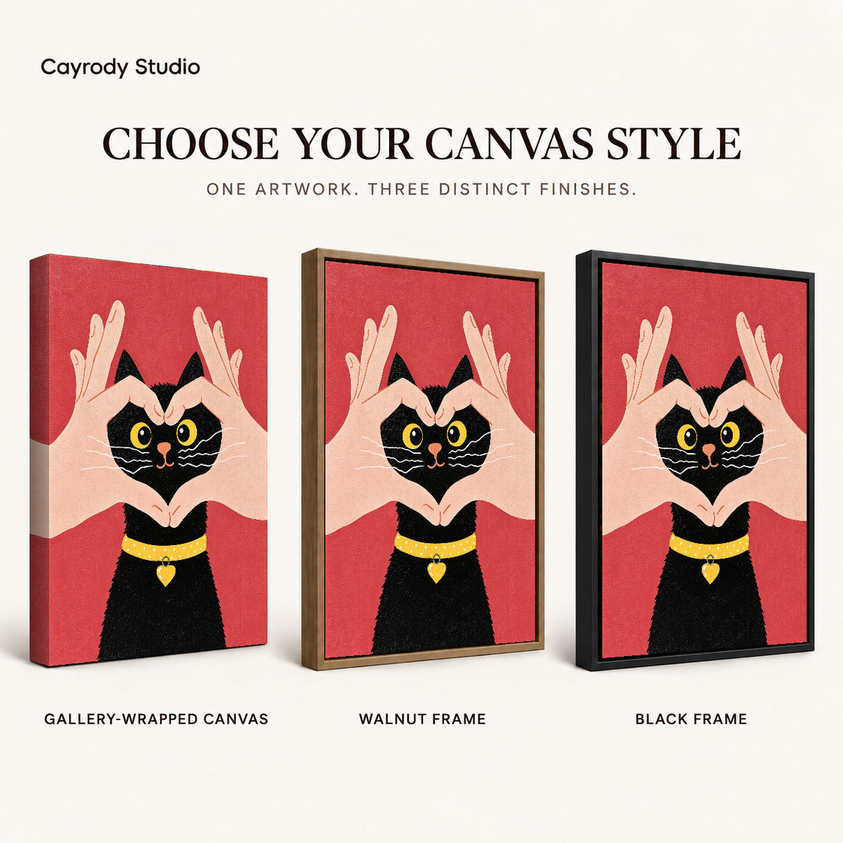Heart kitten canvas art compared across gallery-wrapped canvas, walnut frame, and black frame finishes.