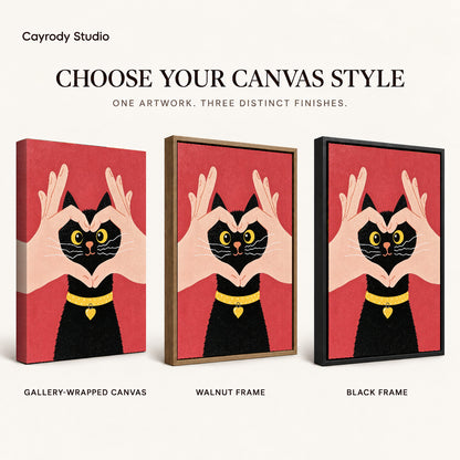 Heart kitten canvas art compared across gallery-wrapped canvas, walnut frame, and black frame finishes.