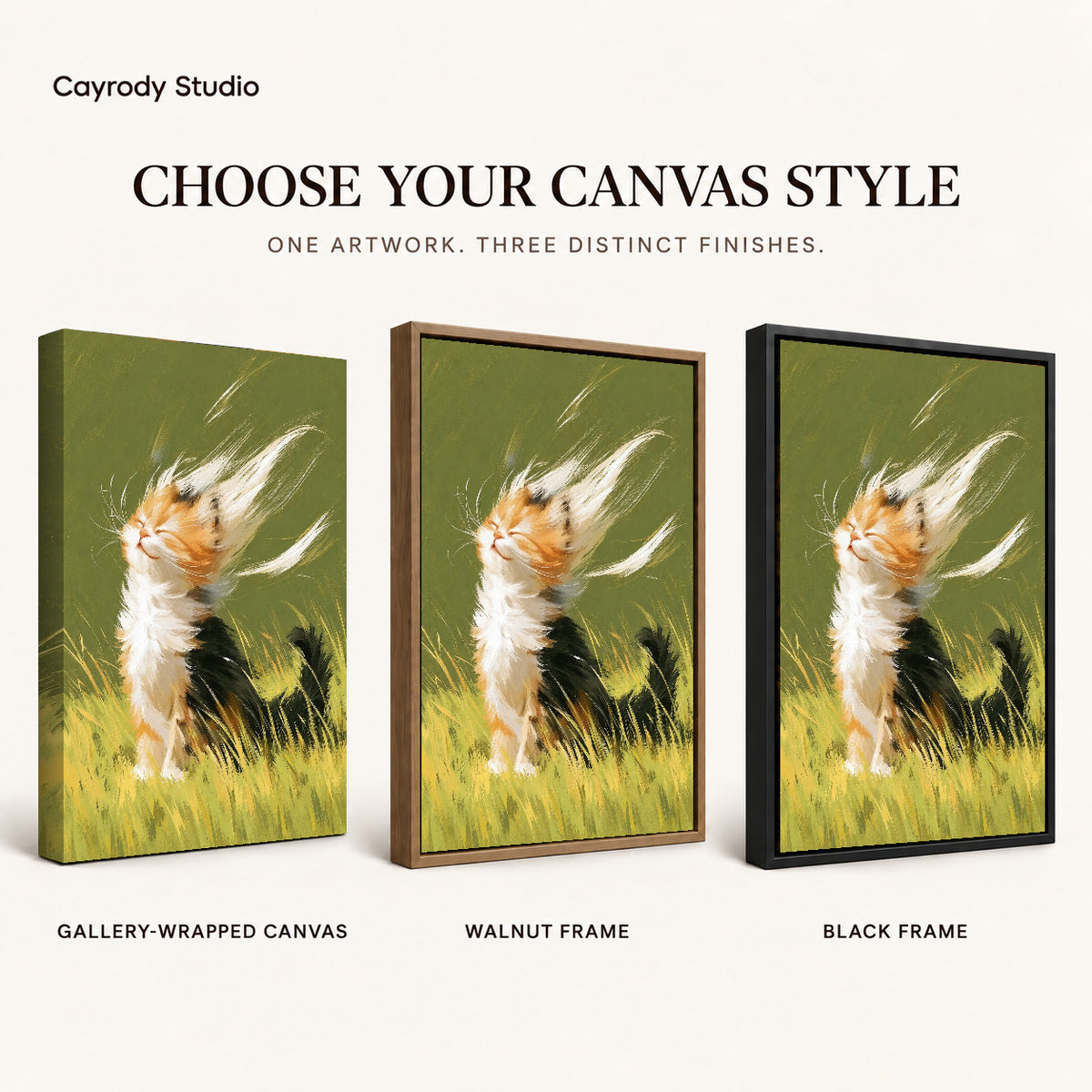 Calico kitten canvas art compared across gallery-wrapped canvas, walnut frame, and black frame finishes.