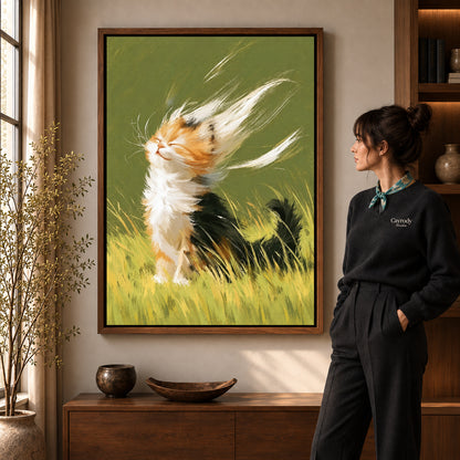 Calico kitten canvas art shown in the walnut frame option within a warm living room.
