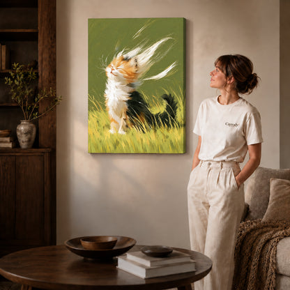 Calico kitten canvas art shown in the gallery-wrapped option with visible depth and warm surroundings.