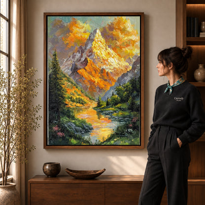 Alpine lake canvas art in a walnut frame beside a standing woman and wooden console.
