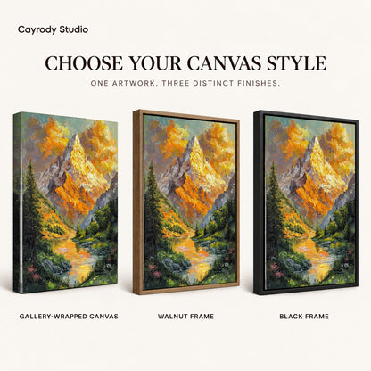 Alpine lake canvas art compared across gallery-wrapped canvas, walnut frame, and black frame finishes.