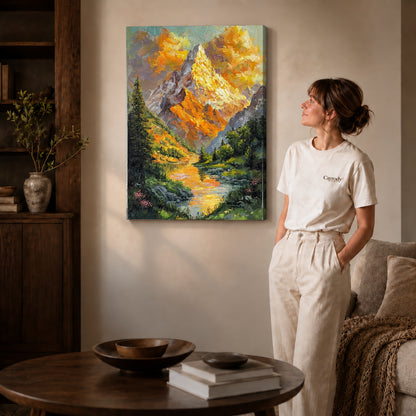 Alpine lake canvas art shown in the gallery-wrapped option with visible depth and warm surroundings.