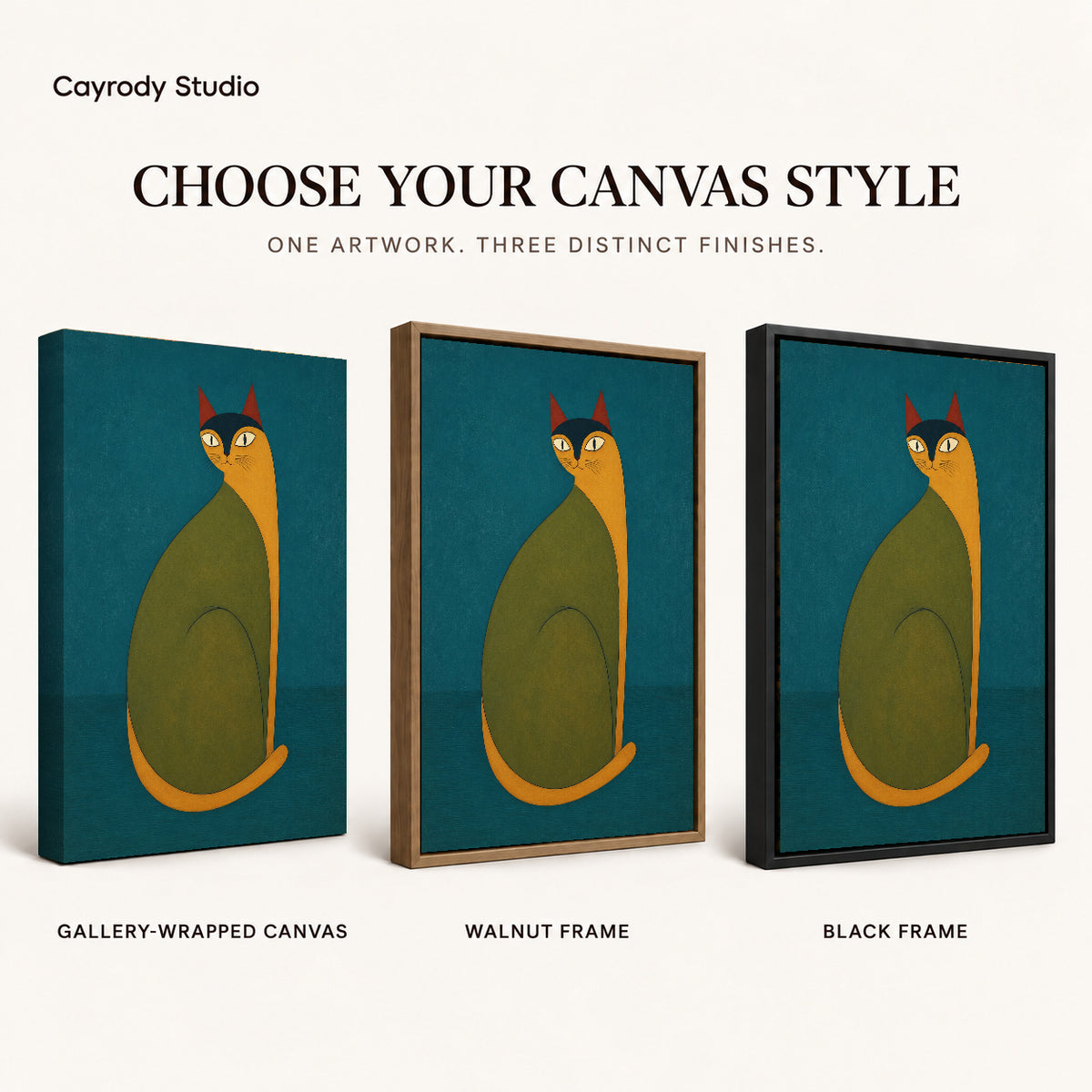 Folk cat canvas art compared across gallery-wrapped canvas, walnut frame, and black frame finishes.