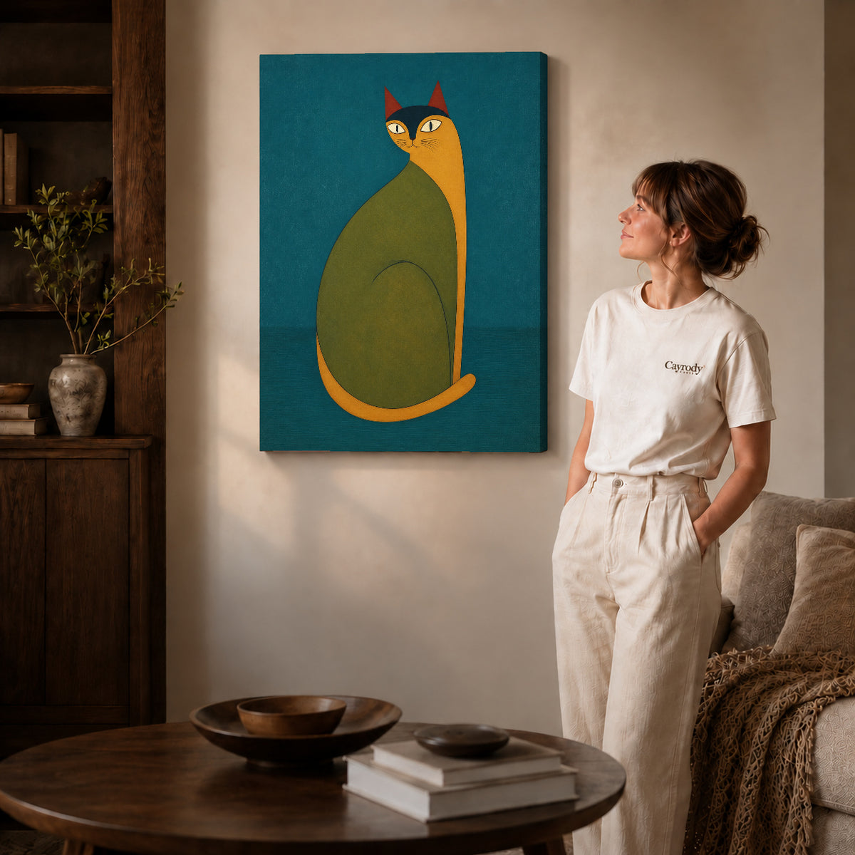 Folk cat canvas art shown in the gallery-wrapped option with visible depth and warm surroundings.