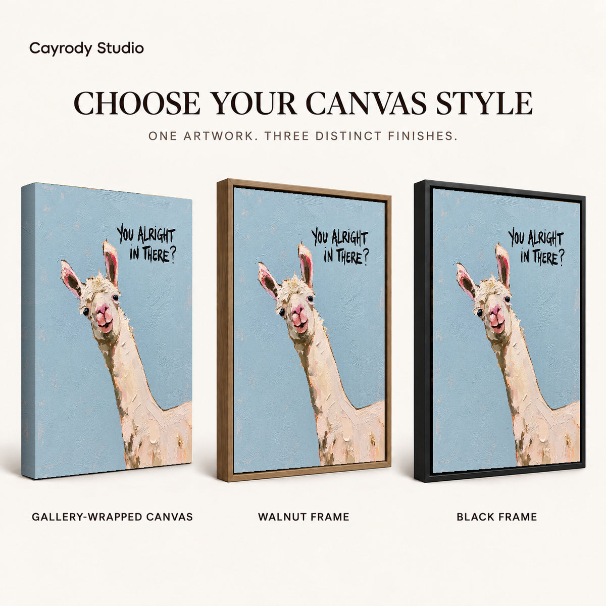 Curious llama canvas art compared across gallery-wrapped canvas, walnut frame, and black frame finishes.