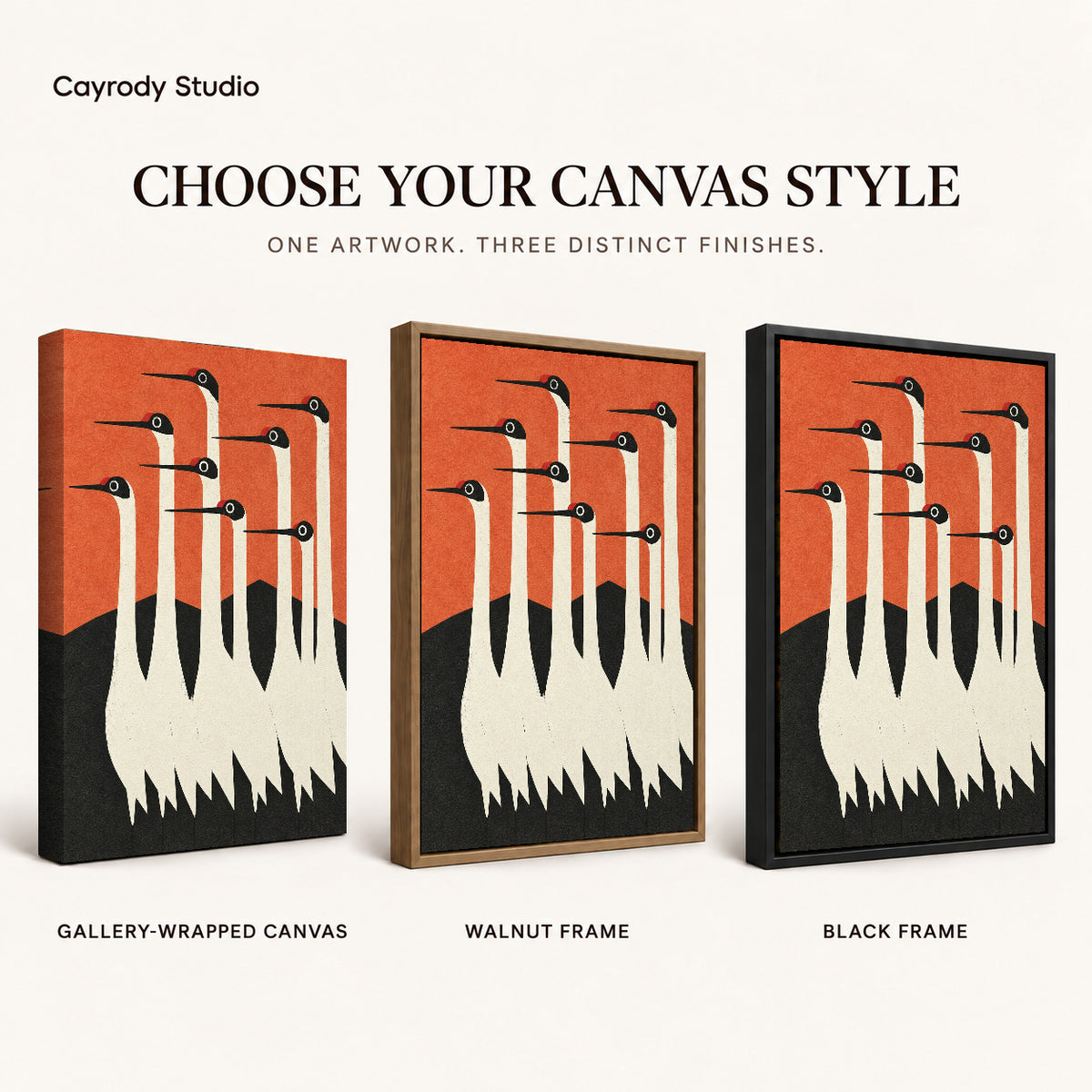 Crane canvas wall art compared across gallery-wrapped canvas, walnut frame, and black frame finishes.