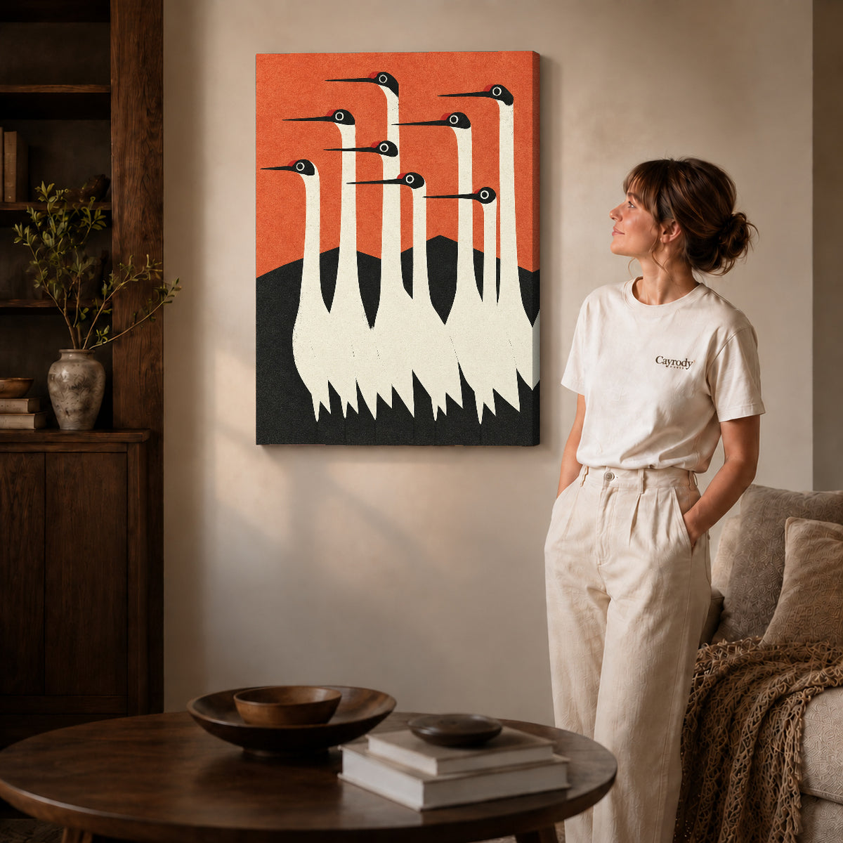 Crane canvas wall art shown in the gallery-wrapped option with natural edge shading and living room surroundings.