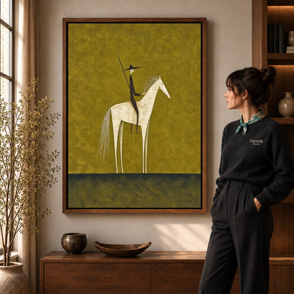 Folk horse canvas art in a walnut frame beside a standing woman and wooden console.